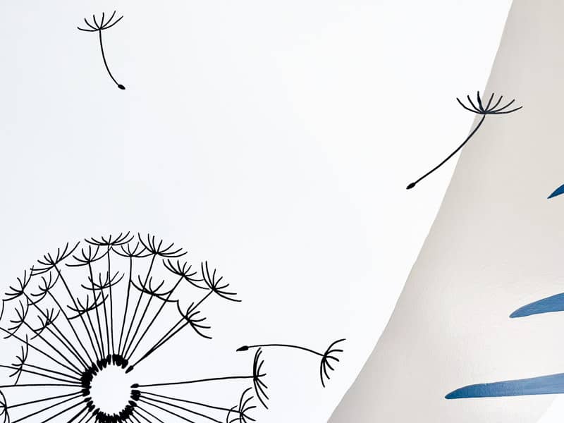 Zoom sur les fleurs de pissenlits ornant la fresque murale décorant un bureau.