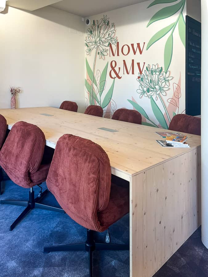 Fresque murale restaurant, espace coworking, sur mesure intégrant le logo de l'enseigne, agapanthe et feuillages en rose et vert sauge. Une décoration murale personnalisée qui renforce l'identité de marque et valorise chaque espace commercial.